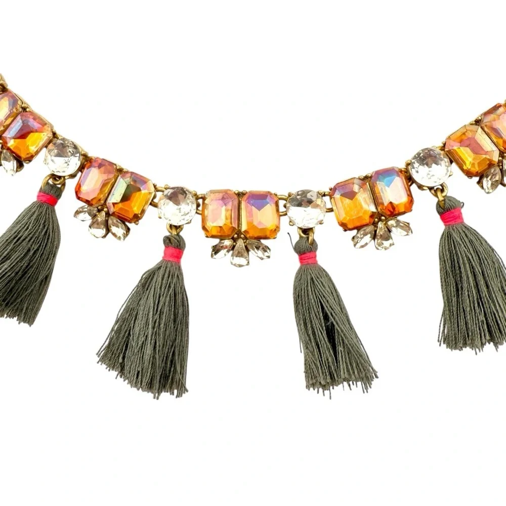 J. Crew Gold Necklace with Peach Rhinestones and Gray Tassels